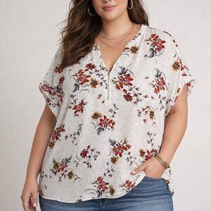 Maurices 2X White Red‎ V-Neck Zip Chiffon Floral Pullover Top Blouse Shirt Plus
